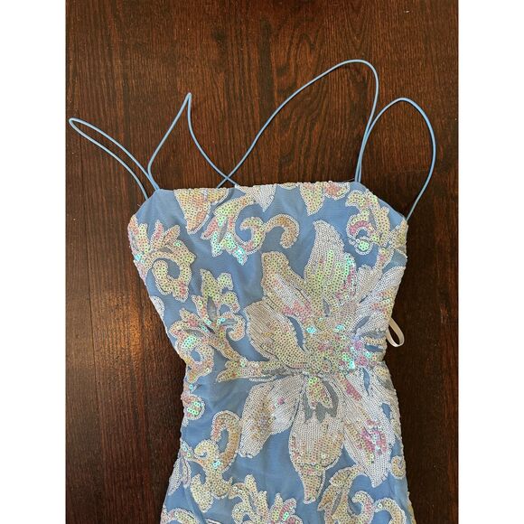 Vintage B. Darlin Blue White Open Back Sparkly Fairy Maxi Gown Size 0 - Picture 3 of 8